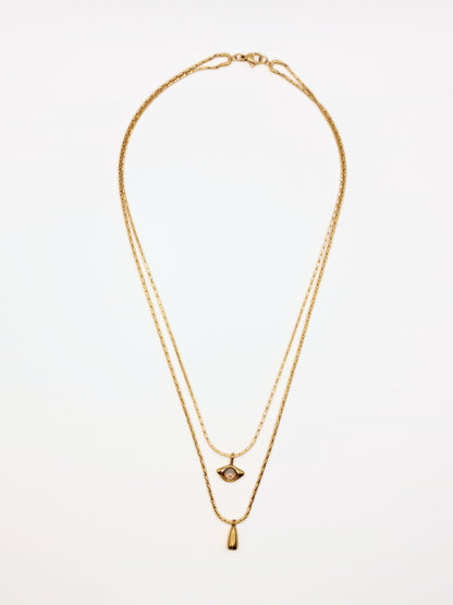 The Bodrum 18k Gold Plated Opal Gemstone Evil Eye Double Pendant Necklaces- Waterproof & Tarnish Free