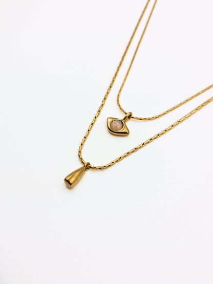 The Bodrum 18k Gold Plated Opal Gemstone Evil Eye Double Pendant Necklaces- Waterproof & Tarnish Free