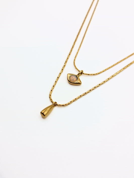 The Bodrum 18k Gold Plated Opal Gemstone Evil Eye Double Pendant Necklaces- Waterproof & Tarnish Free