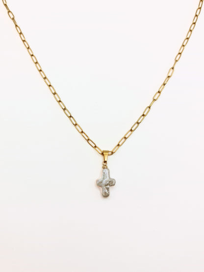 The Perla 18k Gold Plated Organic Natural Pearl Cross Pendant Necklace- Waterproof & Tarnish Free