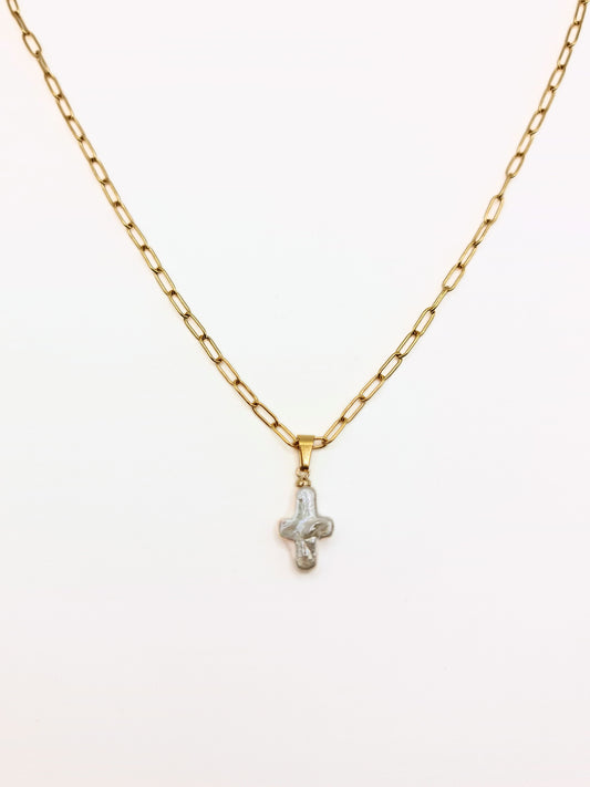 The Perla 18k Gold Plated Organic Natural Pearl Cross Pendant Necklace- Waterproof & Tarnish Free