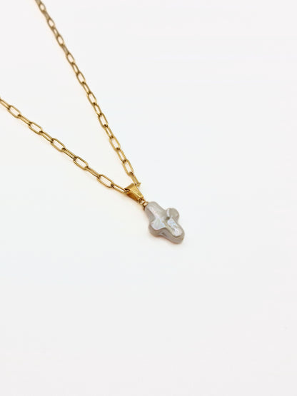 The Perla 18k Gold Plated Organic Natural Pearl Cross Pendant Necklace- Waterproof & Tarnish Free