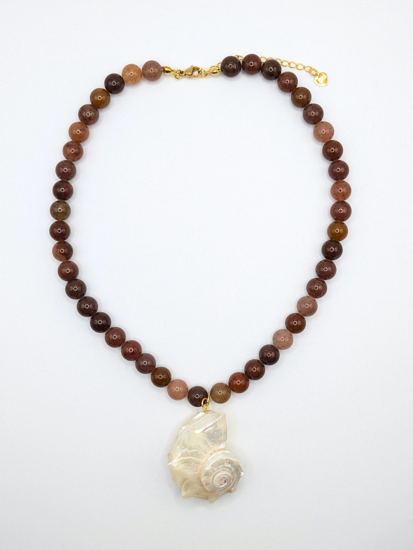 The Cannes Conch Seashell Brown Aventurine Natural Stone Beaded Necklace- Semi-Precious & Waterproof