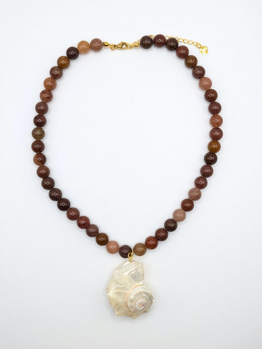 The Cannes Conch Seashell Brown Aventurine Natural Stone Beaded Necklace- Semi-Precious & Waterproof