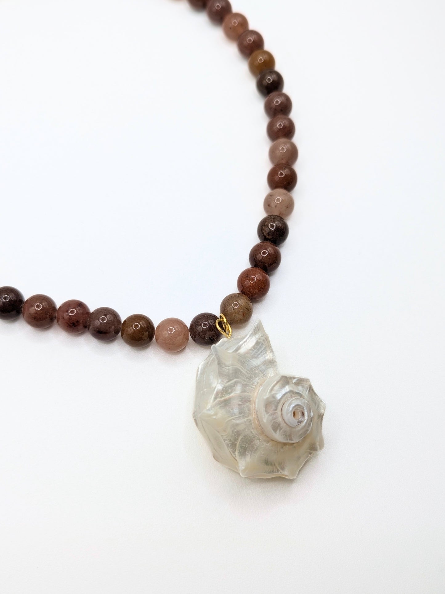 The Cannes Conch Seashell Brown Aventurine Natural Stone Beaded Necklace- Semi-Precious & Waterproof