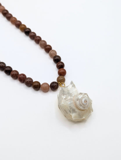 The Cannes Conch Seashell Brown Aventurine Natural Stone Beaded Necklace- Semi-Precious & Waterproof