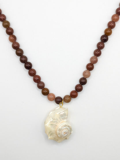 The Cannes Conch Seashell Brown Aventurine Natural Stone Beaded Necklace- Semi-Precious & Waterproof