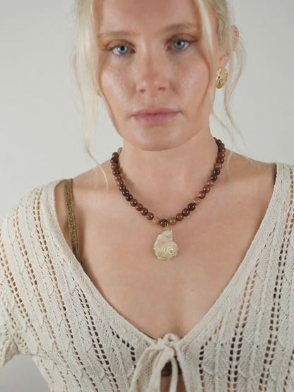 The Cannes Conch Seashell Brown Aventurine Natural Stone Beaded Necklace- Semi-Precious & Waterproof