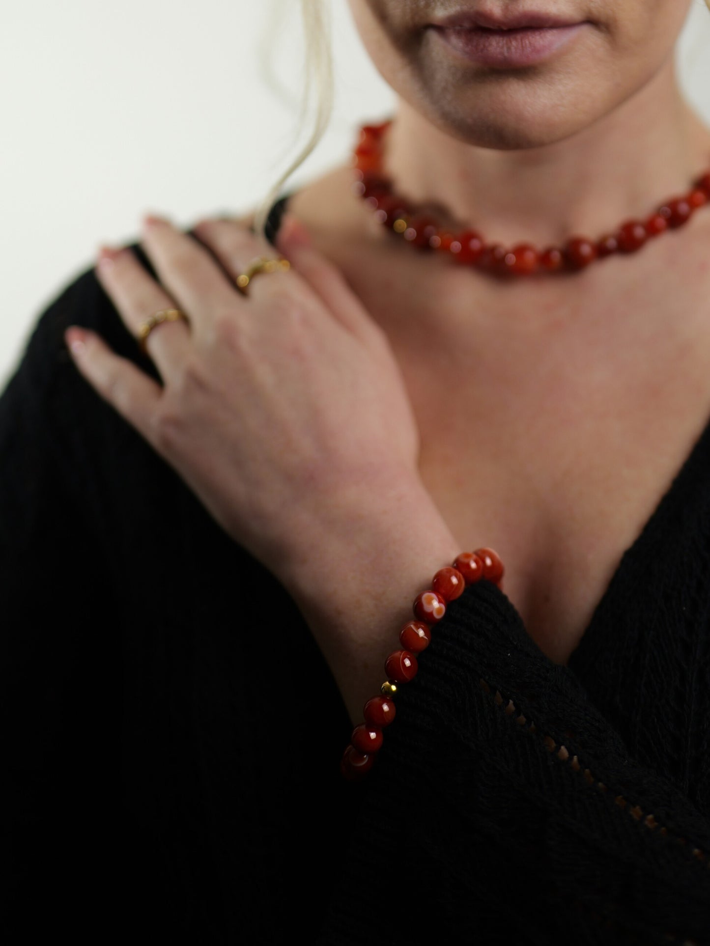 The Riviera Red Agate Natural Stone Beaded Bracelet- Semi-Precious & Waterproof