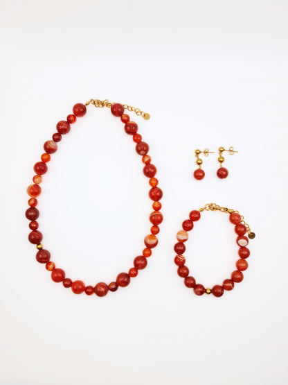 The Riviera Set Red Agate Natural Stone Beaded Necklace, Earring & Bracelet- Semi-Precious & Waterproof