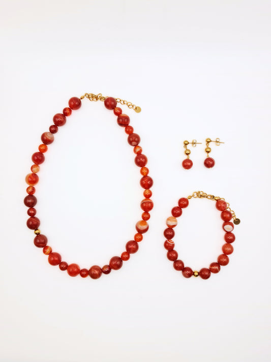 The Riviera Set Red Agate Natural Stone Beaded Necklace, Earring & Bracelet- Semi-Precious & Waterproof