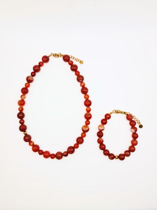 The Riviera Set Red Agate Natural Stone Beaded Necklace & Bracelet- Semi-Precious & Waterproof
