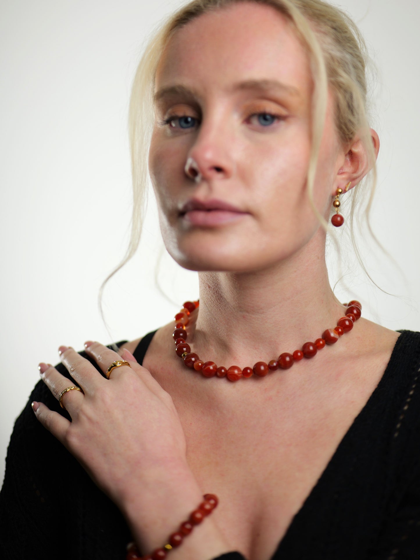 The Riviera Set Red Agate Natural Stone Beaded Necklace & Bracelet- Semi-Precious & Waterproof
