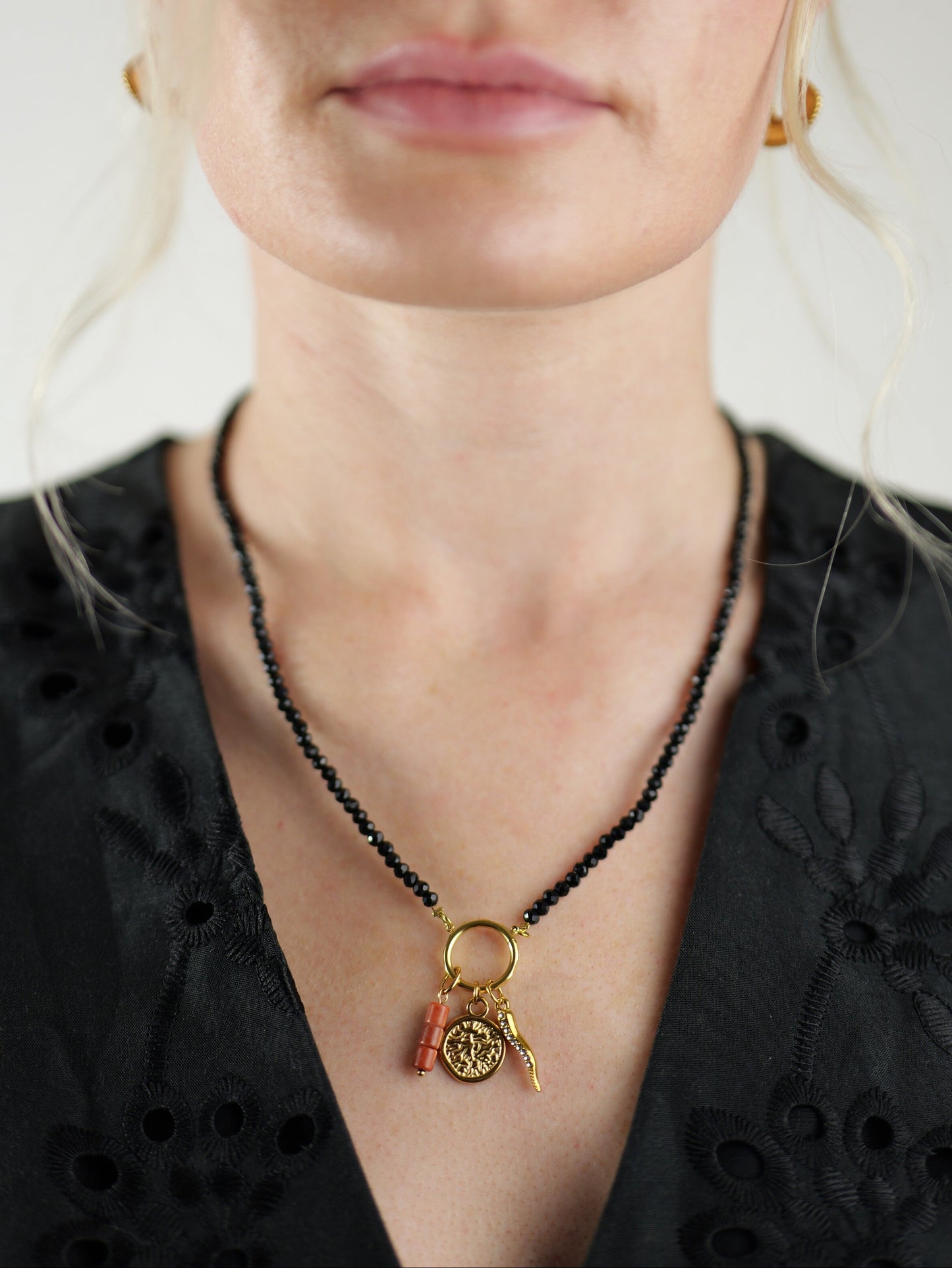The Charm Shop Black Beaded 18k Gold Plated O Ring DIY Charm Chain Necklace- Waterproof & Tarnish-Free