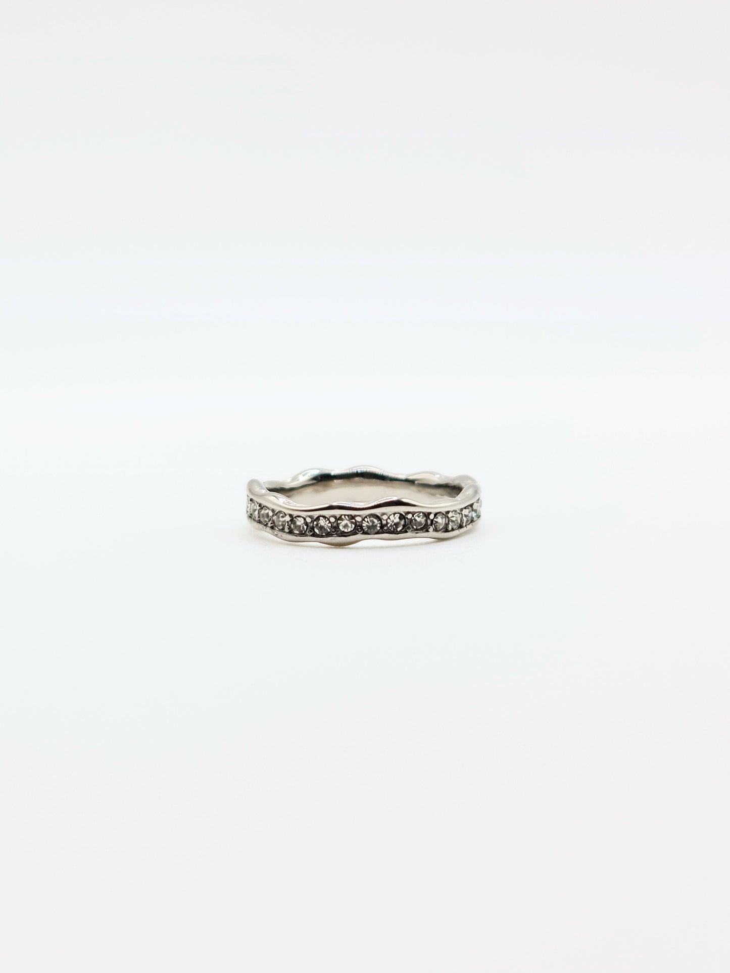 The Driftwood Silver Finish Organic Hammered Crystal Pave Fine Stacking Ring- Waterproof & Tarnish Free