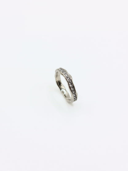 The Driftwood Silver Finish Organic Hammered Crystal Pave Fine Stacking Ring- Waterproof & Tarnish Free