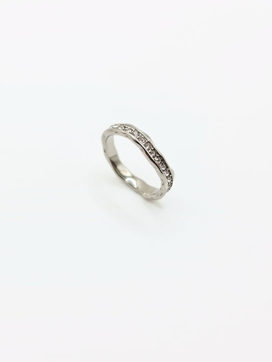 The Driftwood Silver Finish Organic Hammered Crystal Pave Fine Stacking Ring- Waterproof & Tarnish Free