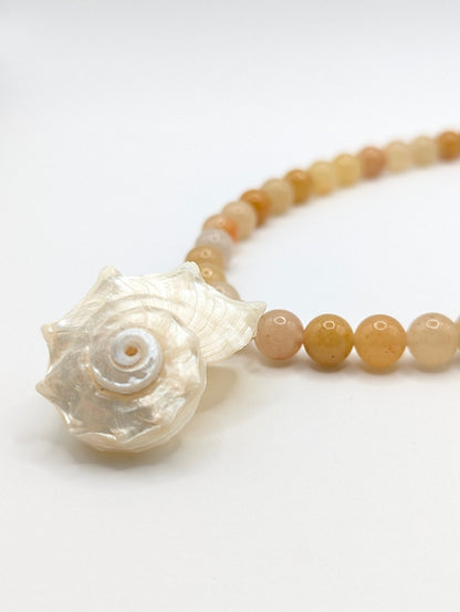 The Cannes Conch Seashell Yellow Aventurine Natural Stone Beaded Necklace- Semi-Precious & Waterproof