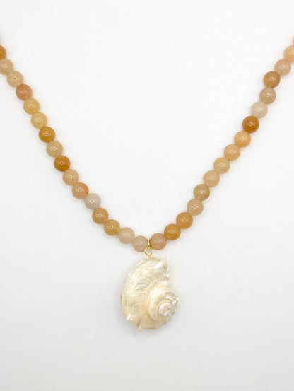 The Cannes Conch Seashell Yellow Aventurine Natural Stone Beaded Necklace- Semi-Precious & Waterproof